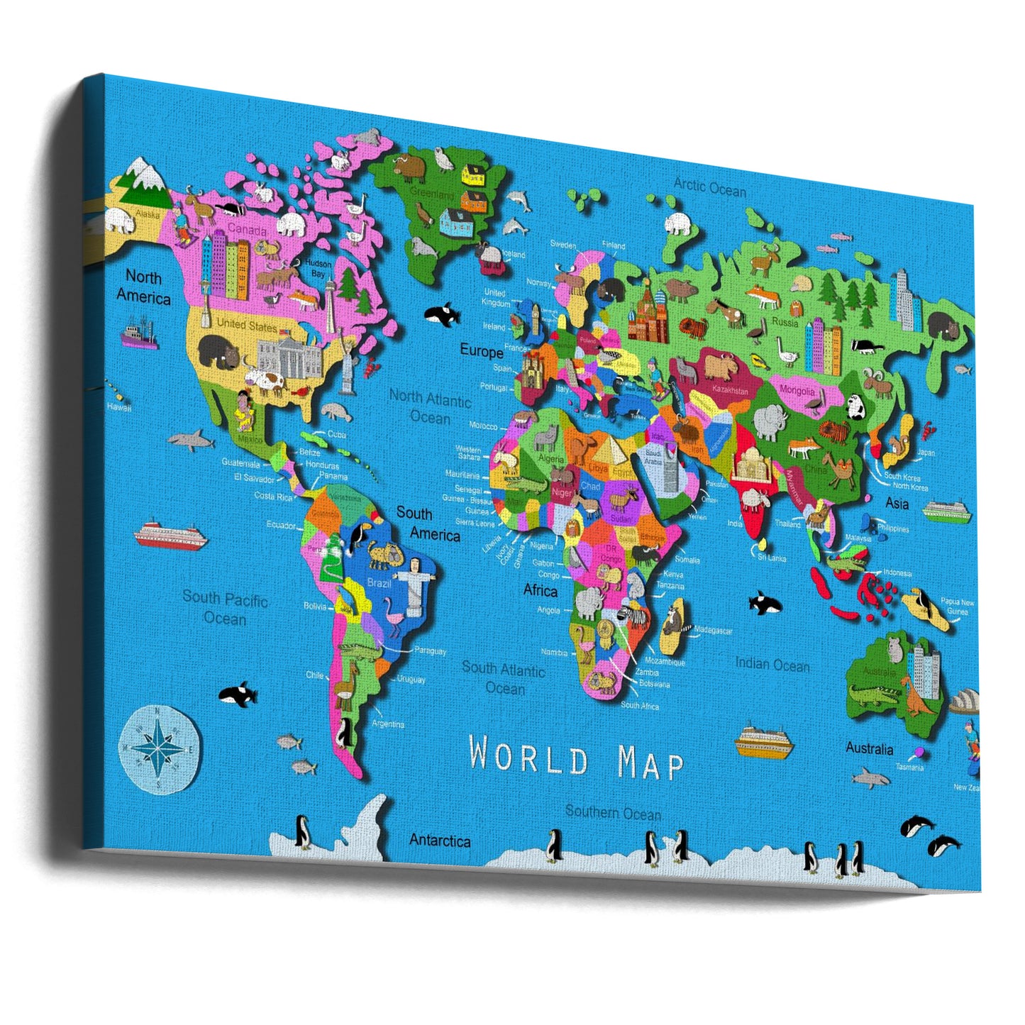 Mappa del mondo illustrata con paesi e continenti di Carla Daly | Stampe su Tela