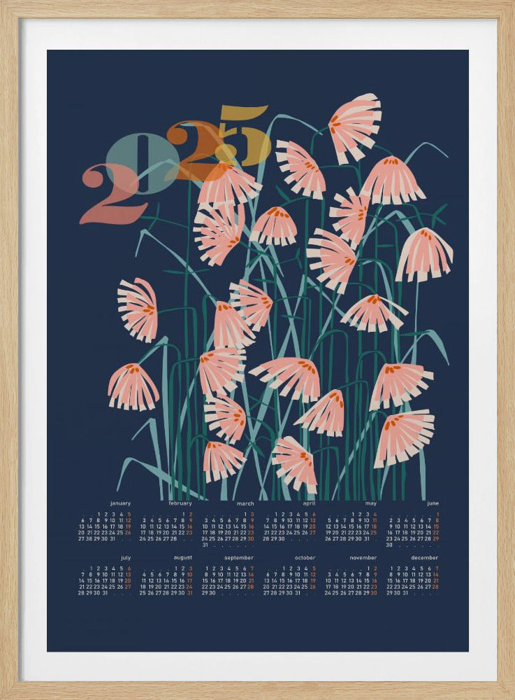 calendar 2025 Linocut flowers blue | Poster