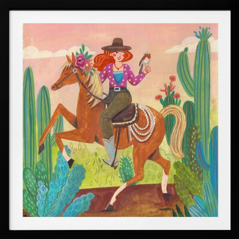 Cowgirl auf Pferd in der Wüste | Poster - Kunstdruck