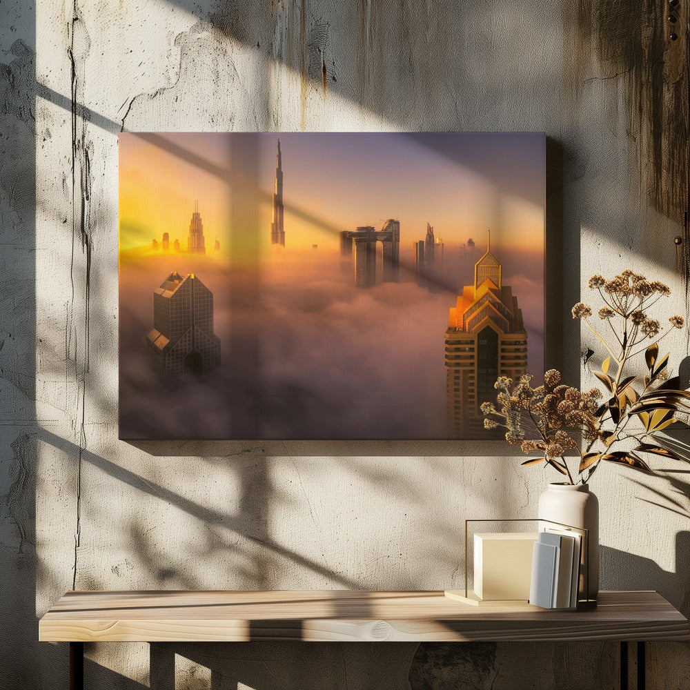 Nebliger Sonnenaufgang in der Stadt Dubai A738873 | Leinwand-Bilder