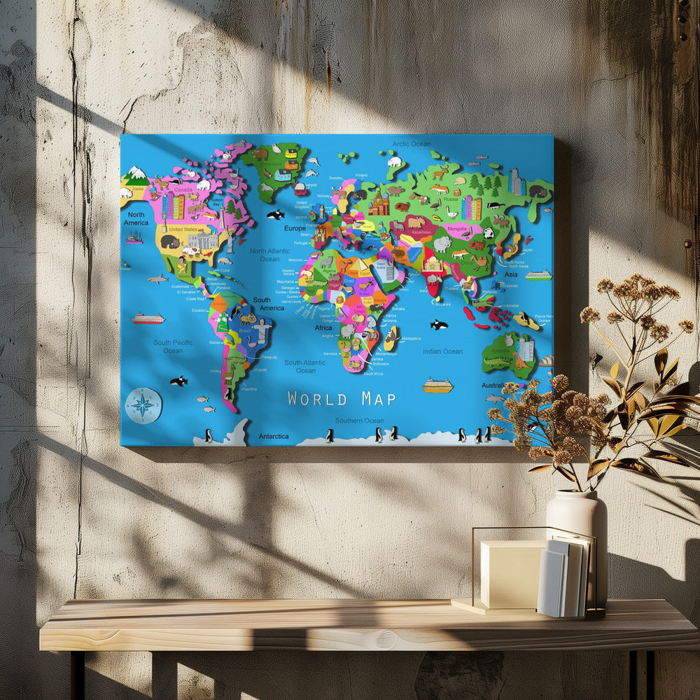 Mappa del mondo illustrata con paesi e continenti di Carla Daly | Stampe su Tela