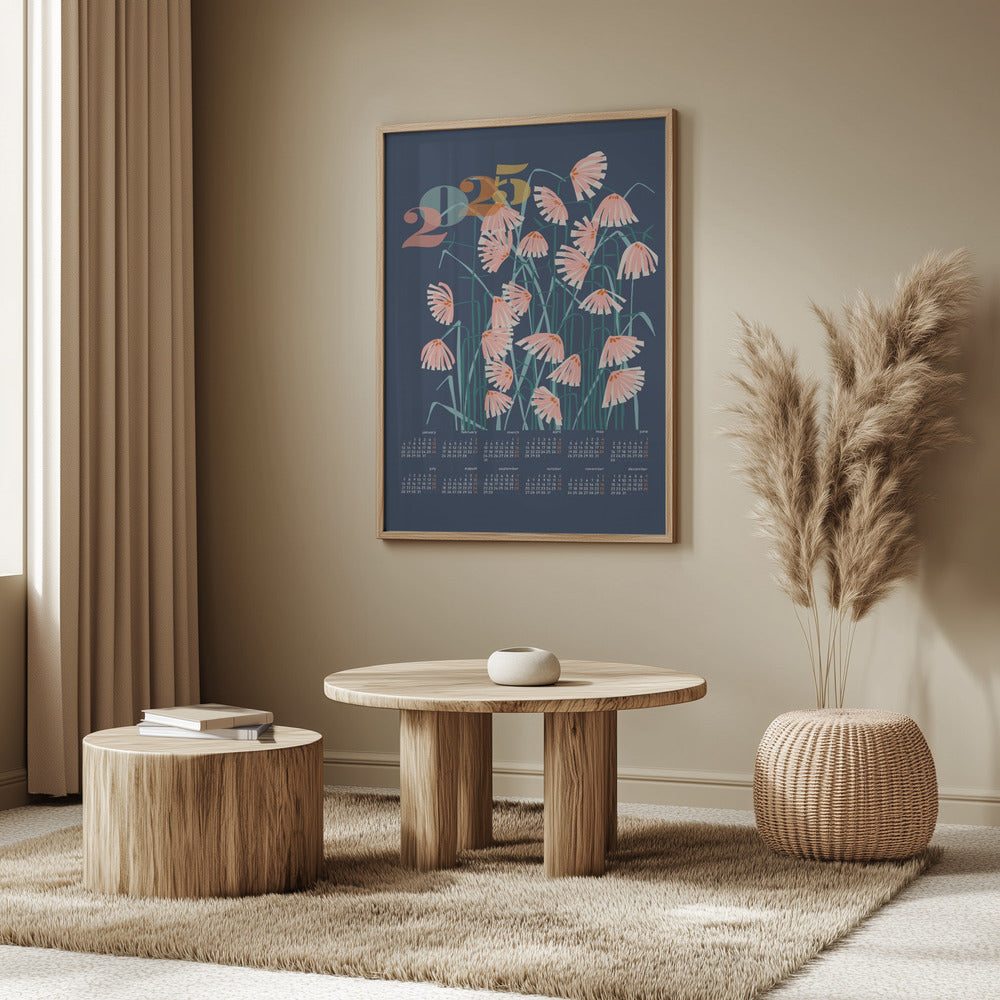 calendar 2025 Linocut flowers blue | Poster