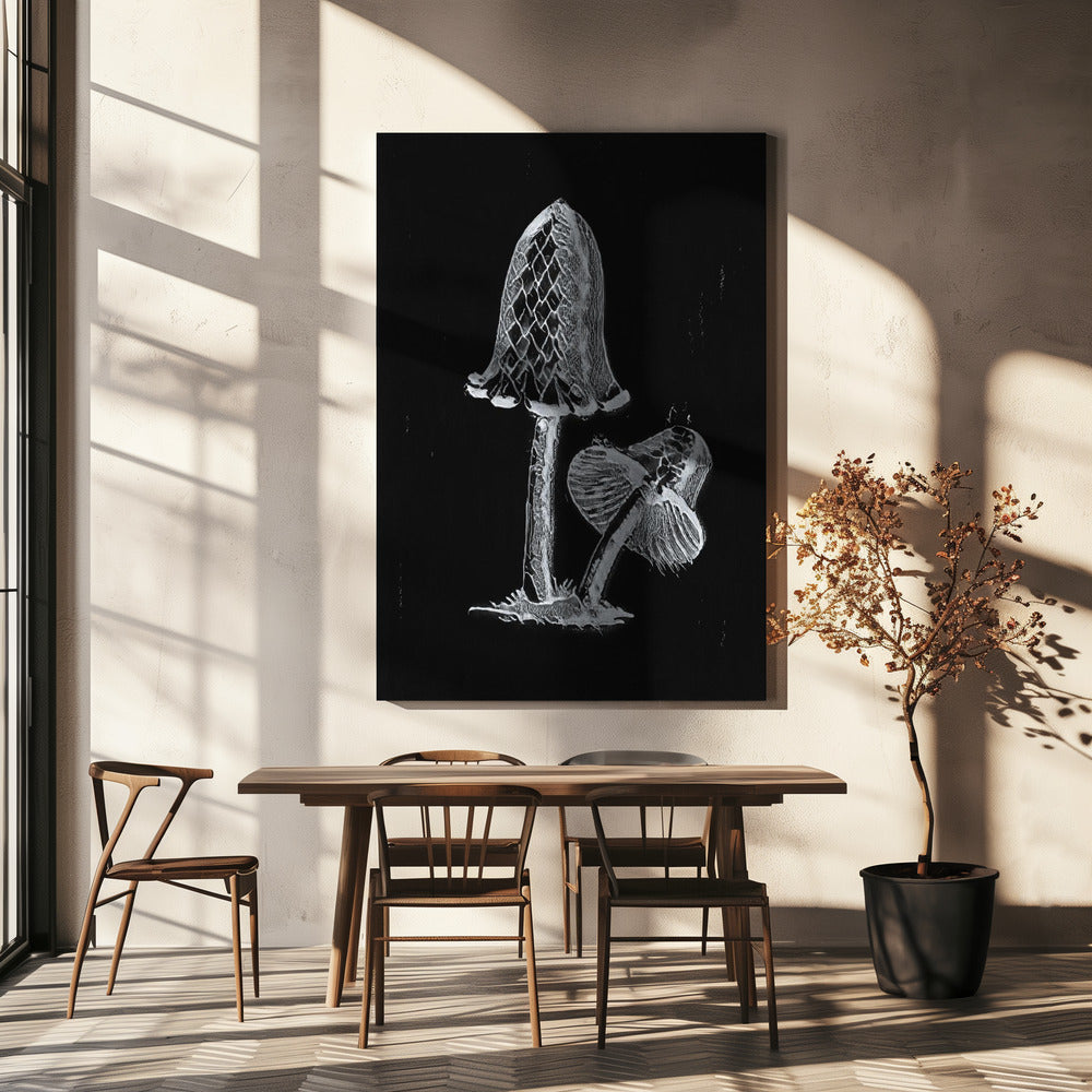 Champignon comestible vintage à capuchon d'encre foncé BW | Tableaux sur Toile