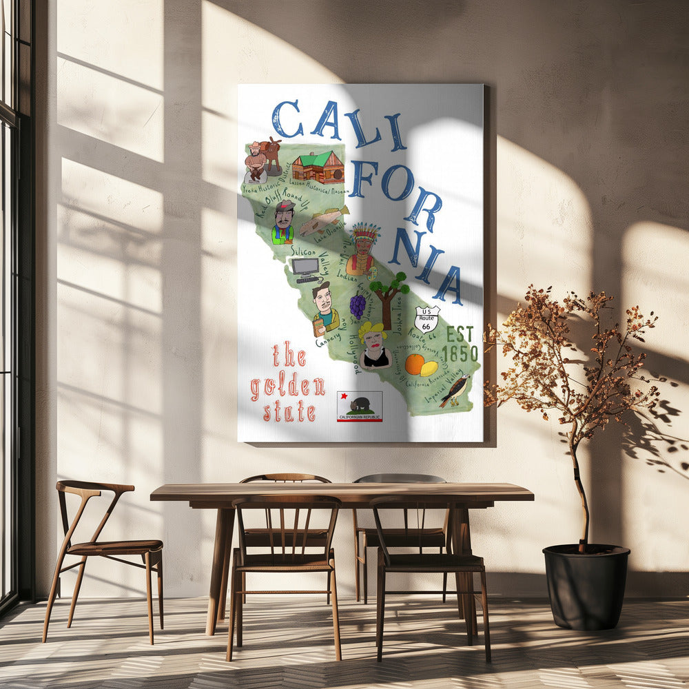 Ilustrowana mapa Kalifornii z ikonami stanów autorstwa Carli Daly | Wydruki na łótnie
