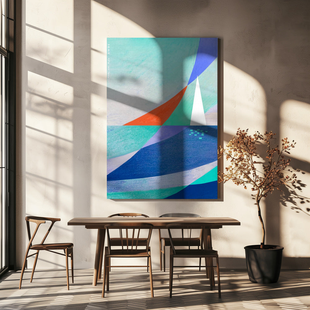 Arte abstracto del océano con velero blanco minimalista en el mar | Impresiones en Lienzo
