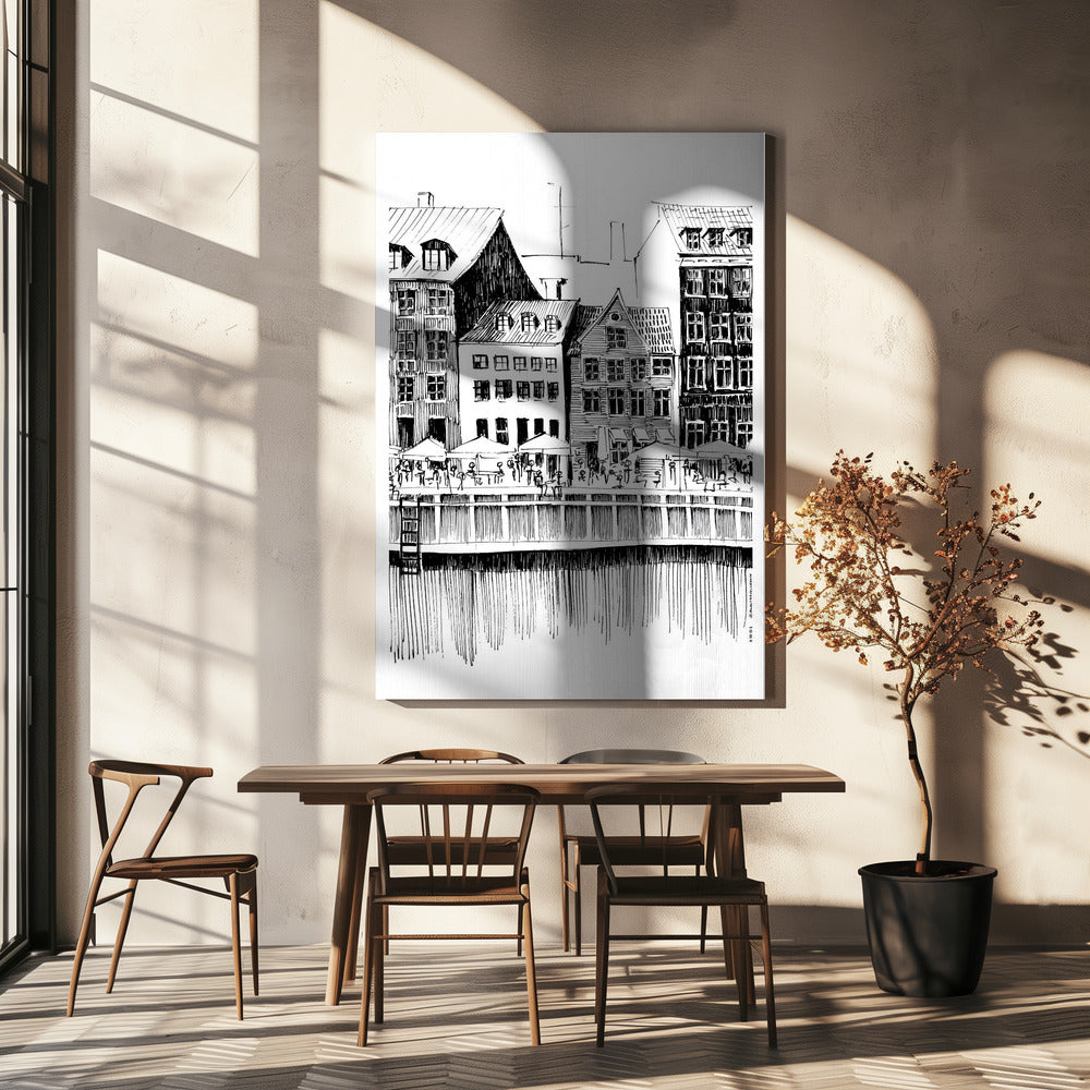 Kopenhagen Kunstdruck, Dänemark Reiseillustration mit Cafés am Wasser | Leinwand-Bilder