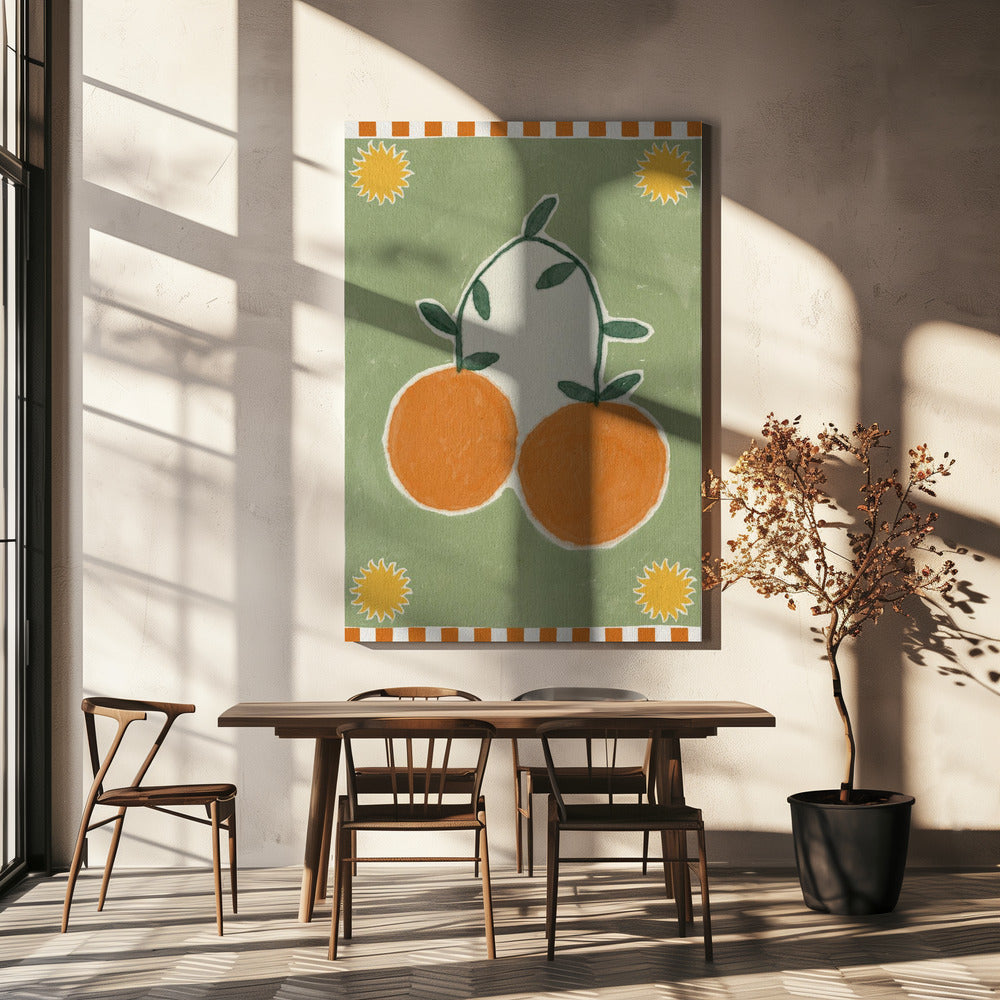 Orange Frucht auf grünem Hintergrund | Leinwand