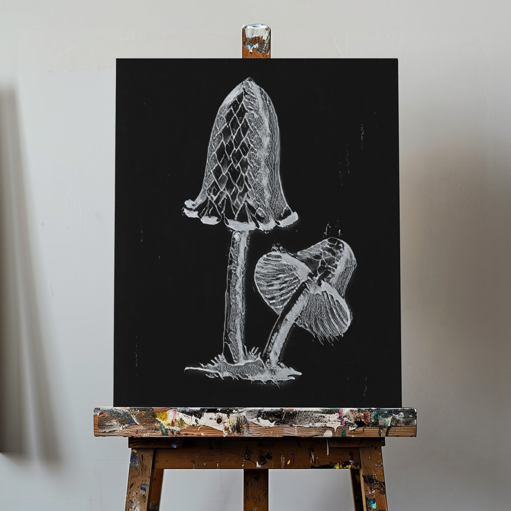 Champignon comestible vintage à capuchon d'encre foncé BW | Tableaux sur Toile