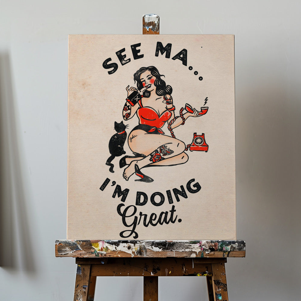 See Ma Poster Funny Vintage Pinup Girl & Cat | Canvas