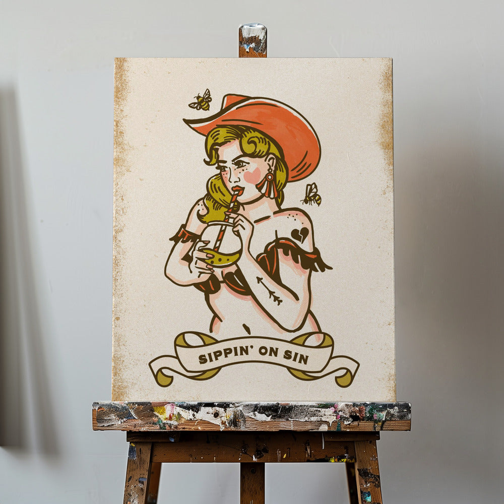 Sippin On Sin Sød & Fræk Cowgirl Kunst | Lærredsbilleder