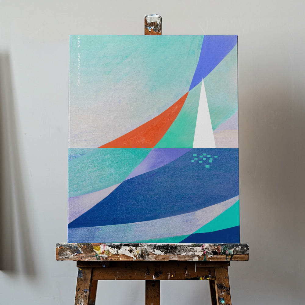 Arte abstracto del océano con velero blanco minimalista en el mar | Impresiones en Lienzo