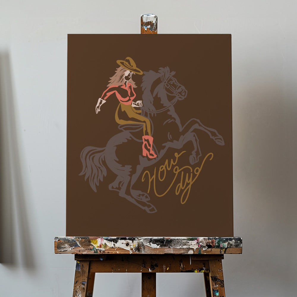 Cowgirl ratsastaa nousevalla hevosella | Canvastaulut