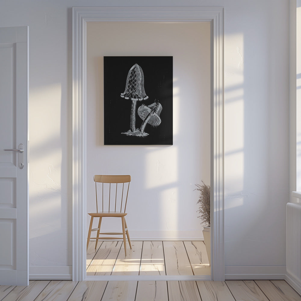 Champignon comestible vintage à capuchon d'encre foncé BW | Tableaux sur Toile