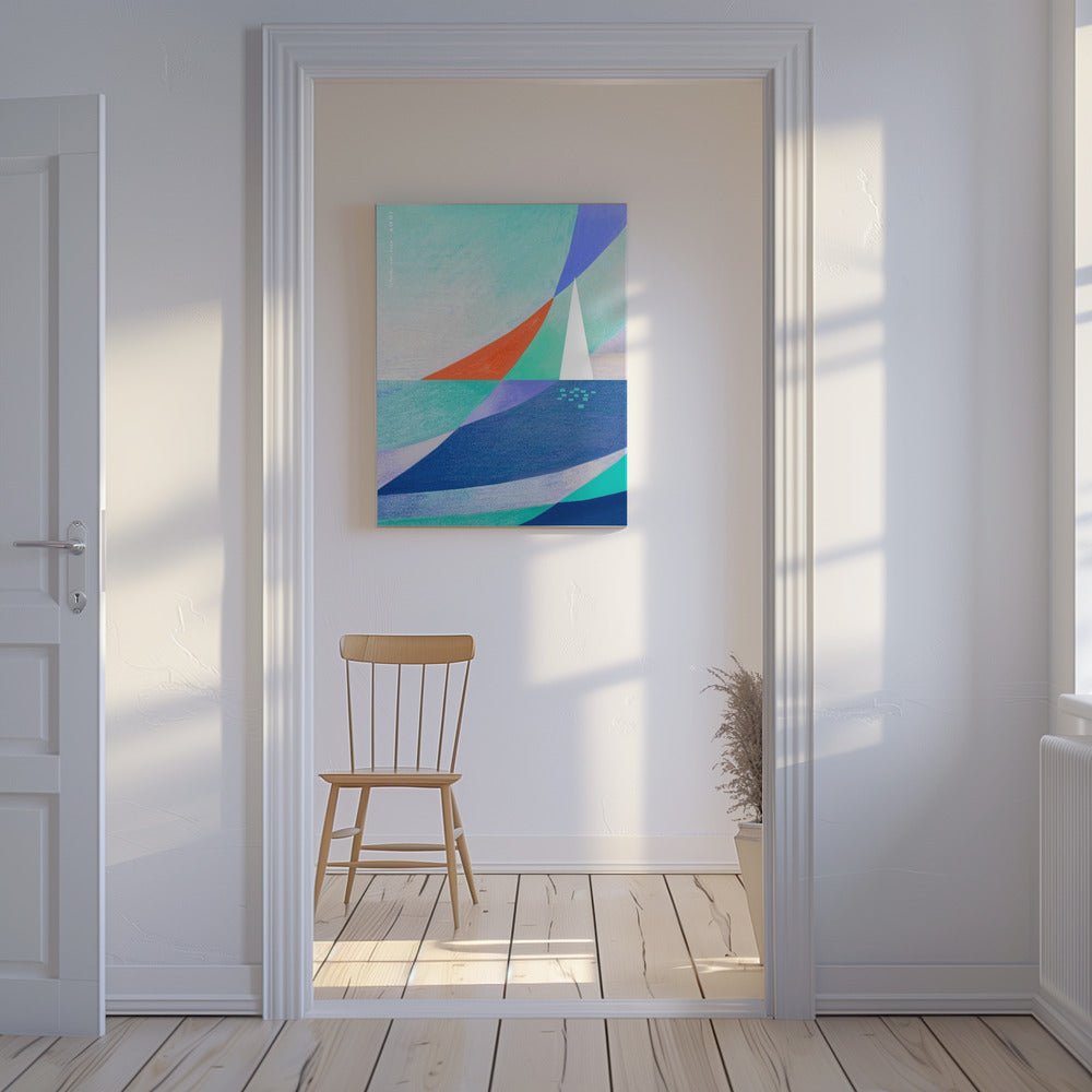 Arte abstracto del océano con velero blanco minimalista en el mar | Impresiones en Lienzo