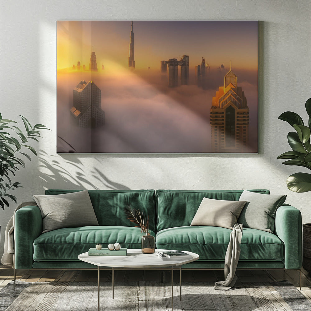 Nebliger Sonnenaufgang in der Stadt Dubai A738873 | Leinwand-Bilder