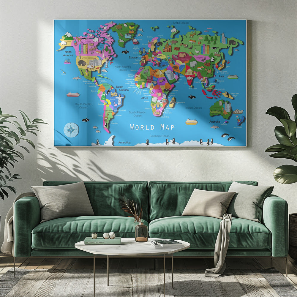 Mappa del mondo illustrata con paesi e continenti di Carla Daly | Stampe su Tela