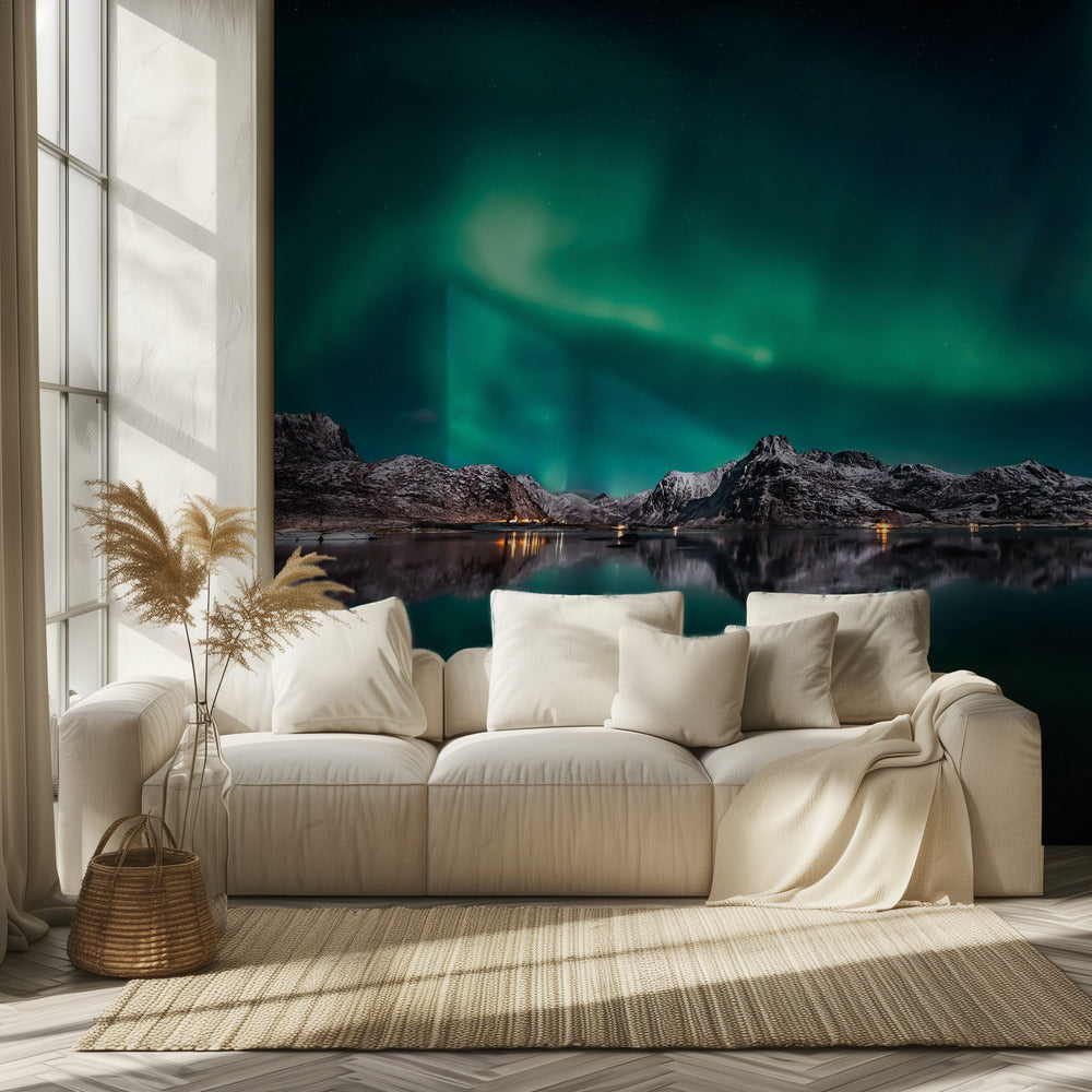 Riflesso dell'aurora delle Lofoten | Carta da Parati Fotografica