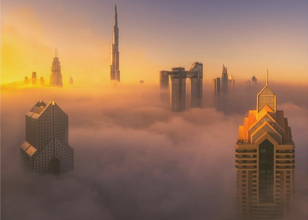 Nebliger Sonnenaufgang in der Stadt Dubai A738873 | Leinwand-Bilder