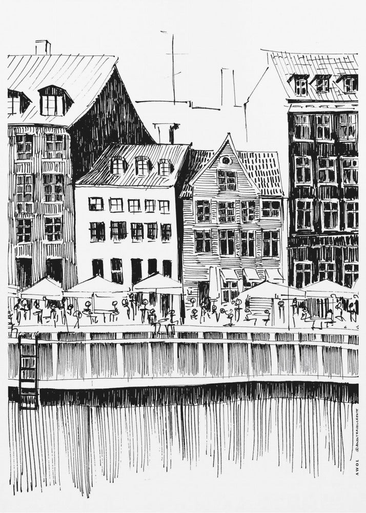 Kopenhagen Kunstdruck, Dänemark Reiseillustration mit Cafés am Wasser | Leinwand-Bilder