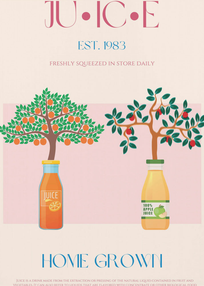 Orange and Apple Trees with Juice Bottles | Poster