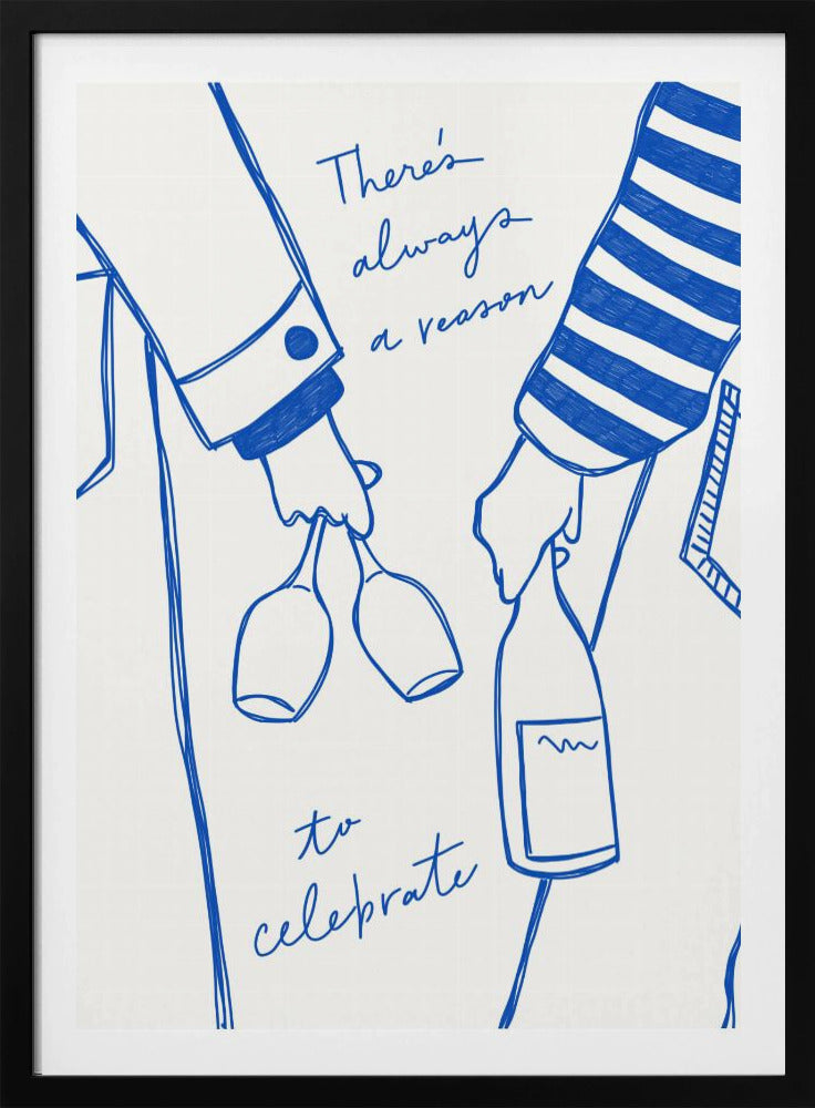 Woman holding wine bottle and wine glass (Blue) - Wine Vin Femme Bleu | Poster