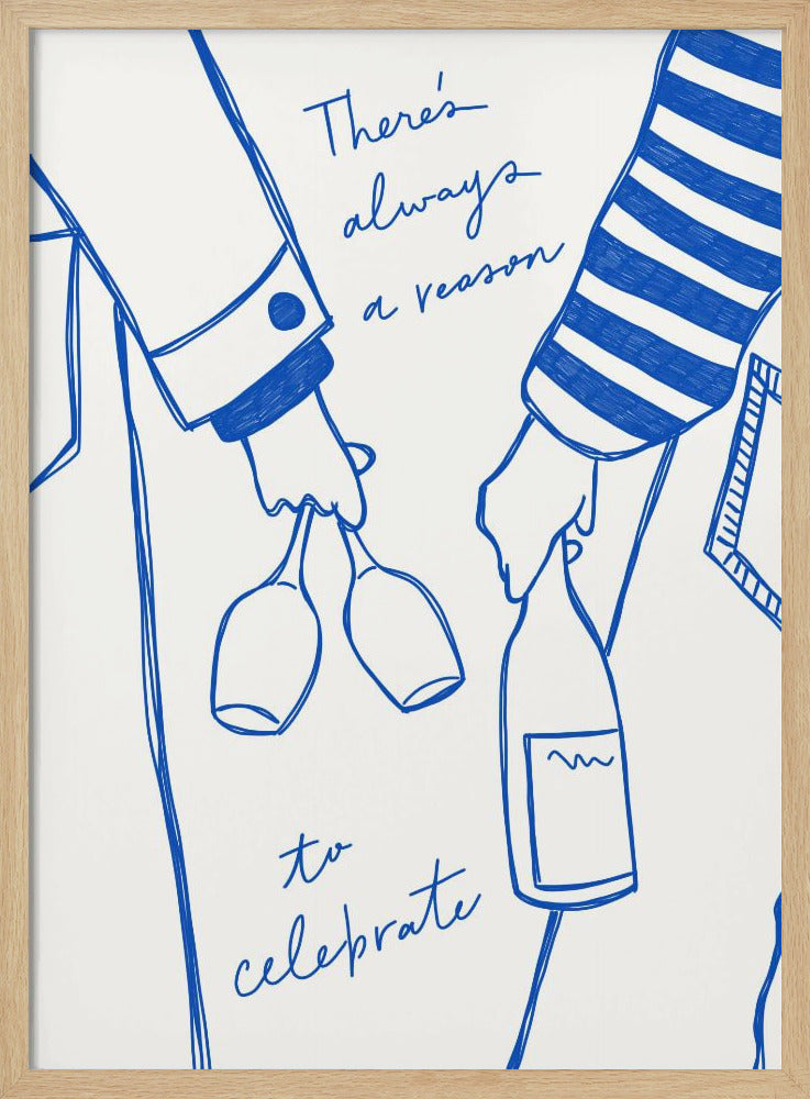 Woman holding wine bottle and wine glass (Blue) - Wine Vin Femme Bleu | Poster