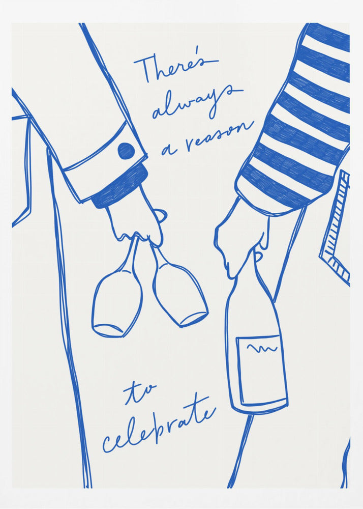 Woman holding wine bottle and wine glass (Blue) - Wine Vin Femme Bleu | Poster