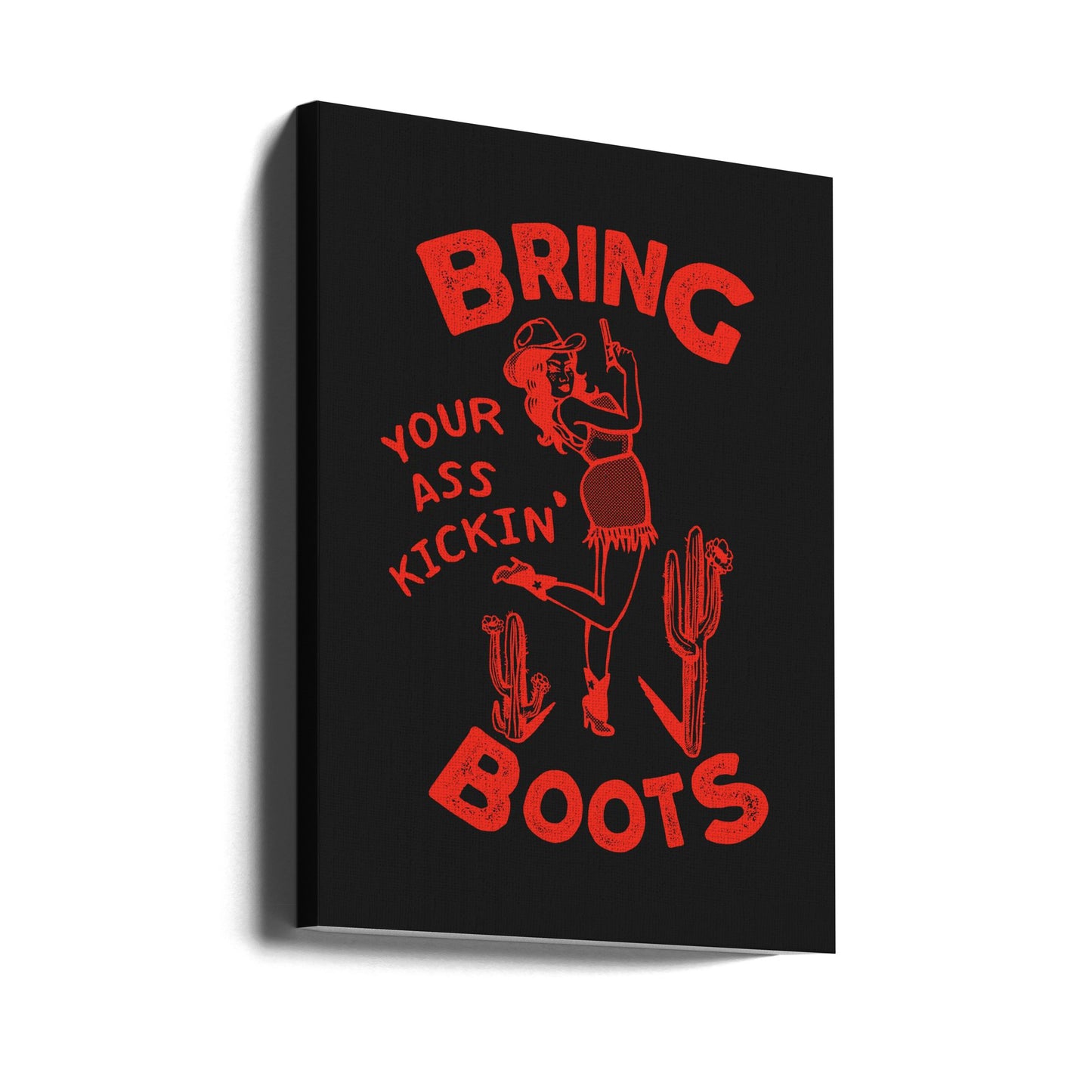 Grappige western cowgirl met kontschoppende laarzen | Canvasprints