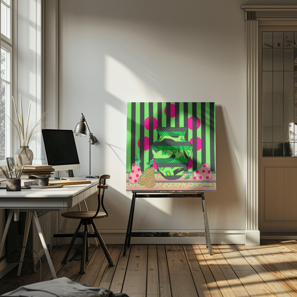 Grøn Vase & Pærer | Lærredsbilleder