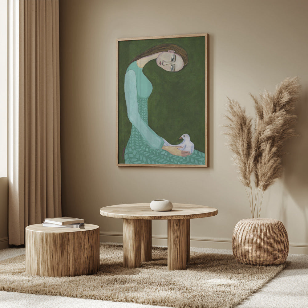Lady sitting with white dove bird woman | Poster