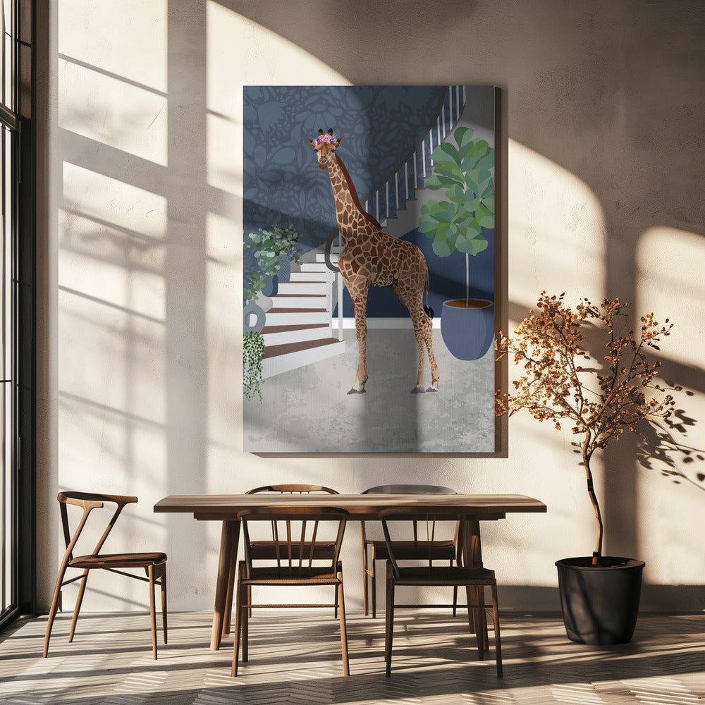 Giraffe an der Treppe | Leinwand-Bilder