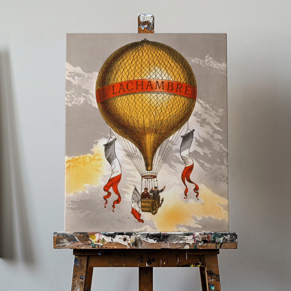 Balon z podpisem przedstawiającym dwóch mężczyzn jadących w koszu, 1880 r. | Wydruki na łótnie