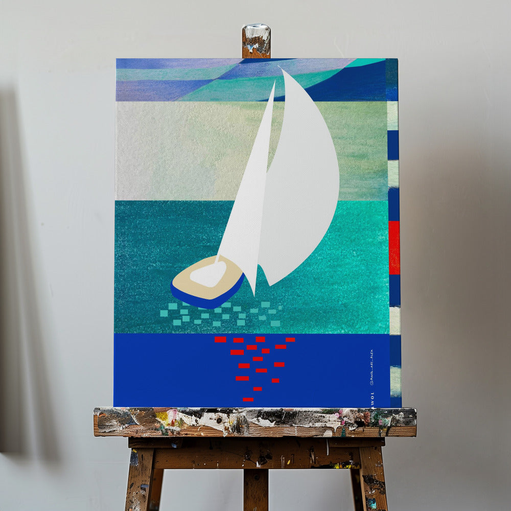 Hvid sejlbåd med refleksioner, abstrakt havkunst med grafiske striber | Lærredsbilleder