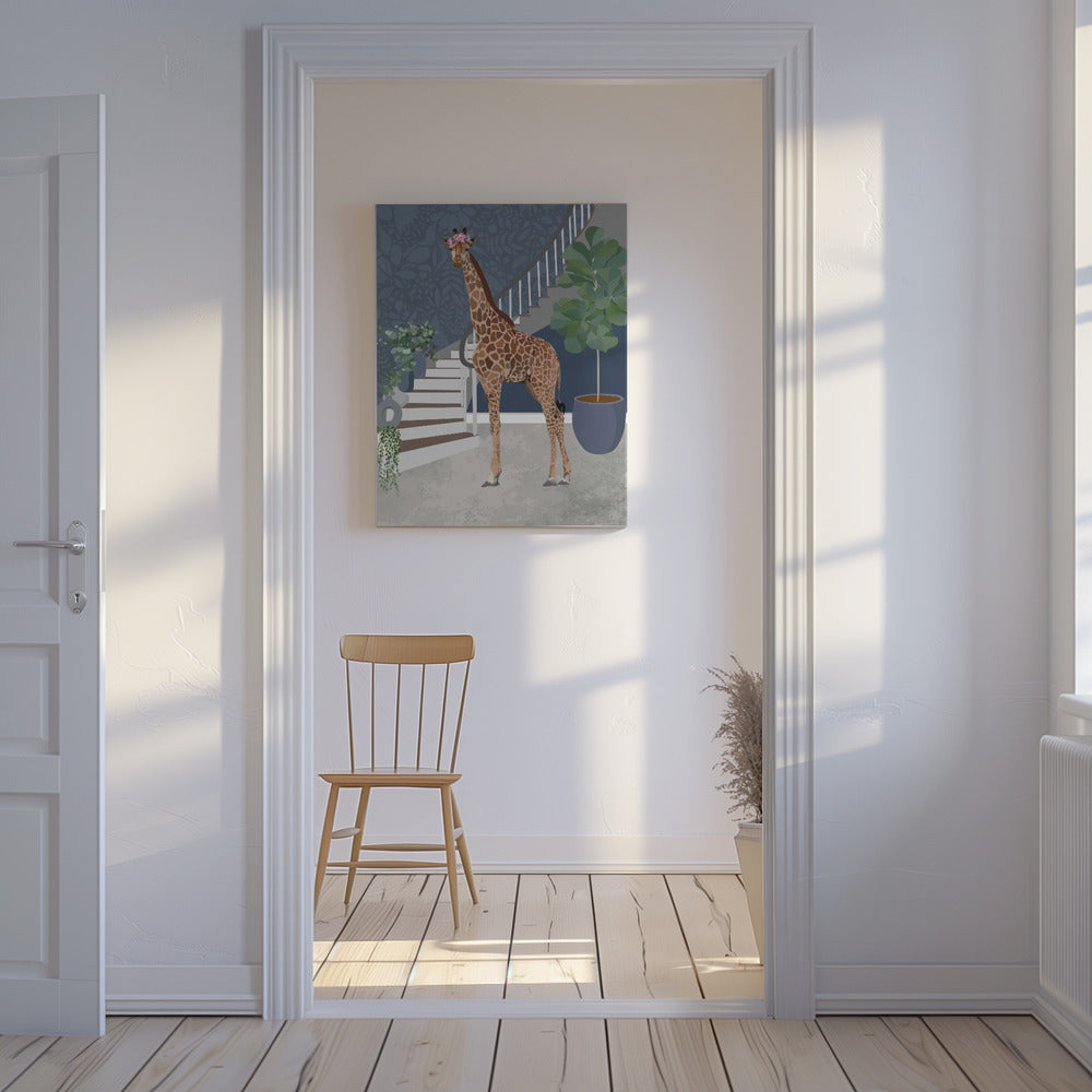 Giraffe an der Treppe | Leinwand-Bilder