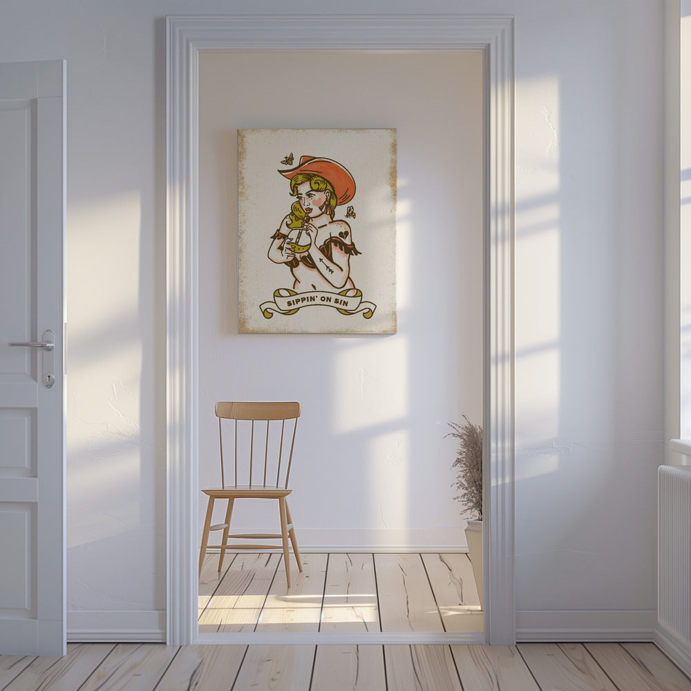 Sippin On Sin Sød & Fræk Cowgirl Kunst | Lærredsbilleder