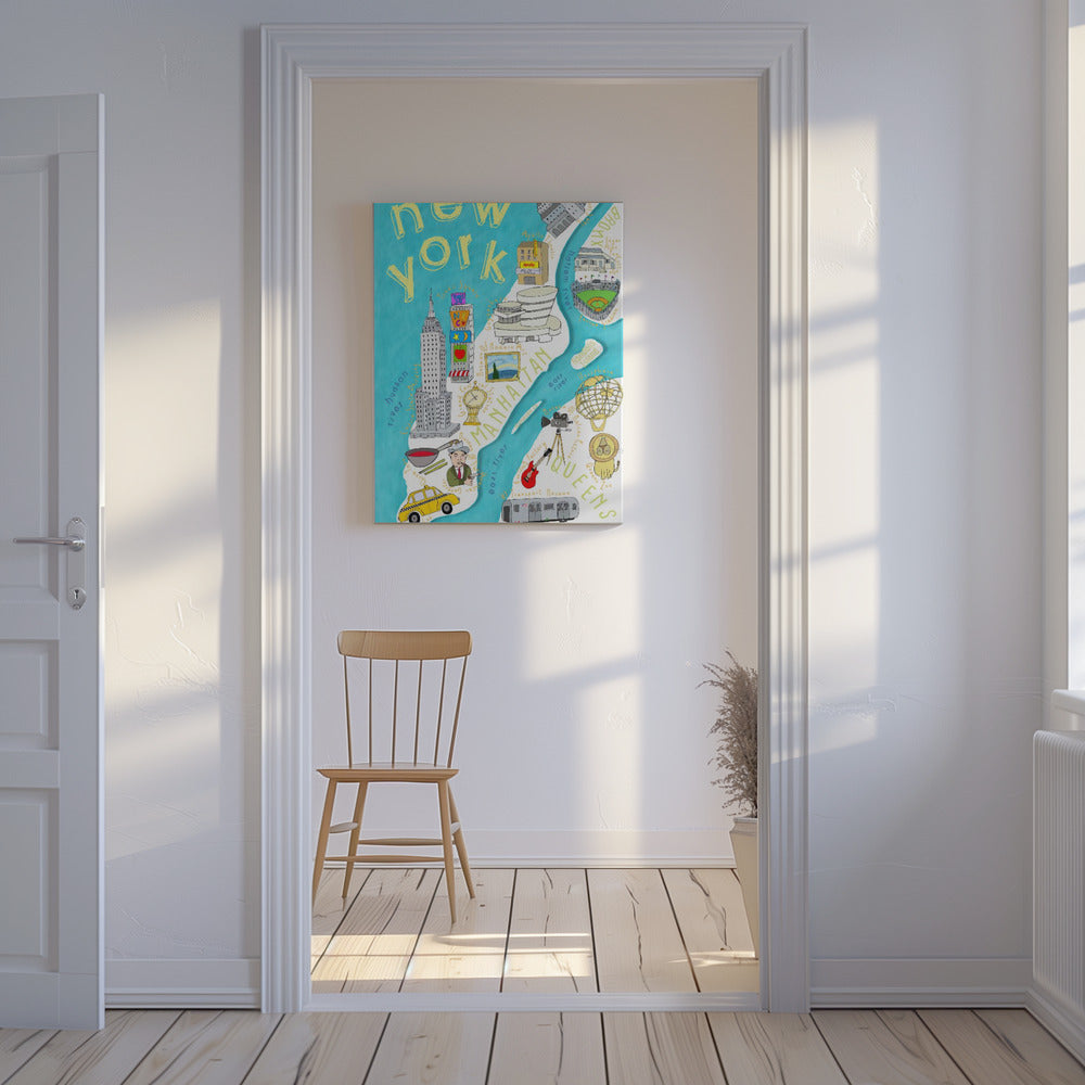 Fargerikt illustrert kart over New York av kartkunstner Carla Daly | Lerretsbilder