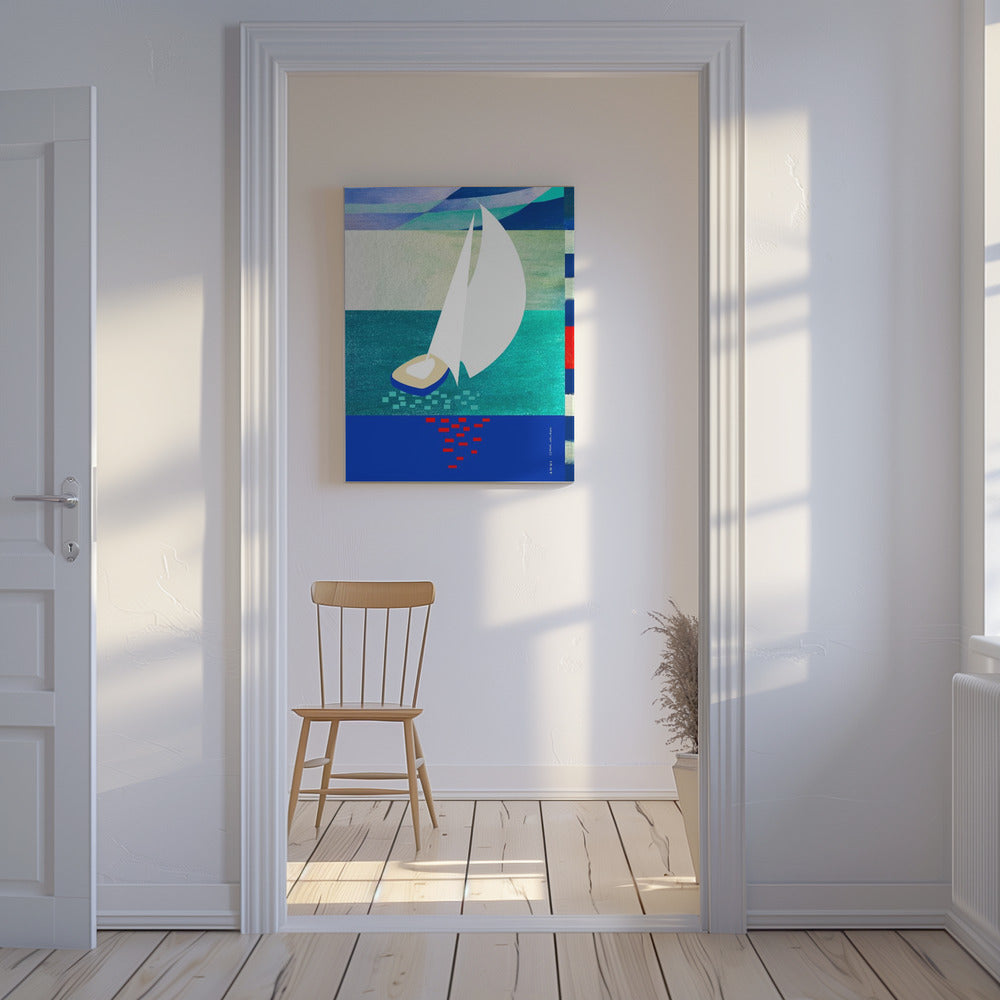 Hvid sejlbåd med refleksioner, abstrakt havkunst med grafiske striber | Lærredsbilleder