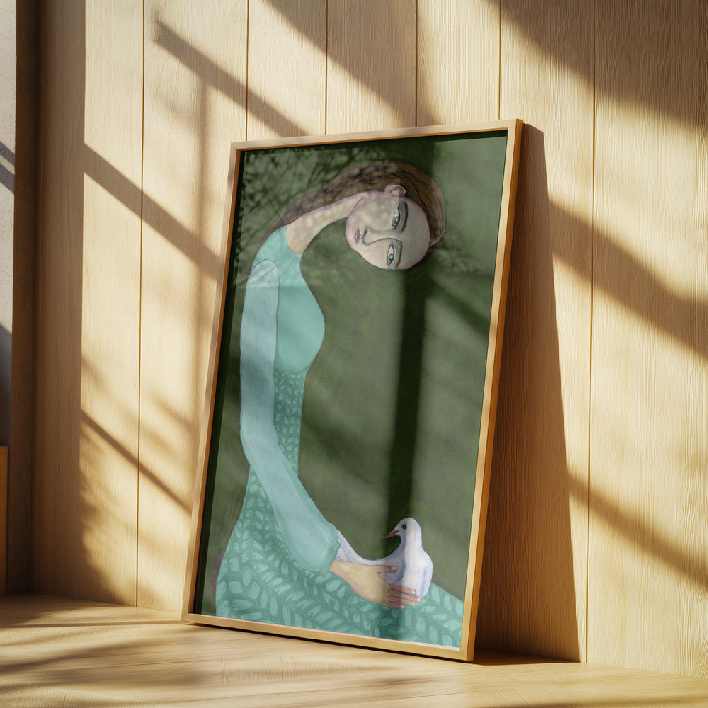 Lady sitting with white dove bird woman | Poster