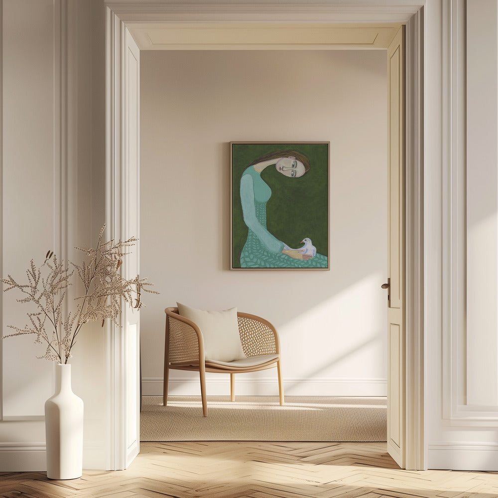 Lady sitting with white dove bird woman | Poster