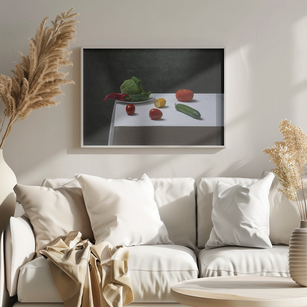 Still life with Savoy cabbage, tomatoes, cucumber, red pepper, lemon and pumpkin | Poster