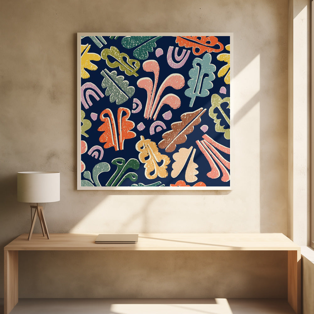 Block print leaves colorful pattern | Poster
