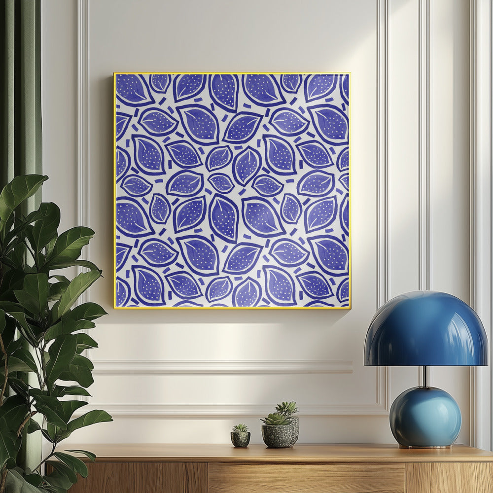 Navy Blue Scattered Leaves Polka Dot | Poster