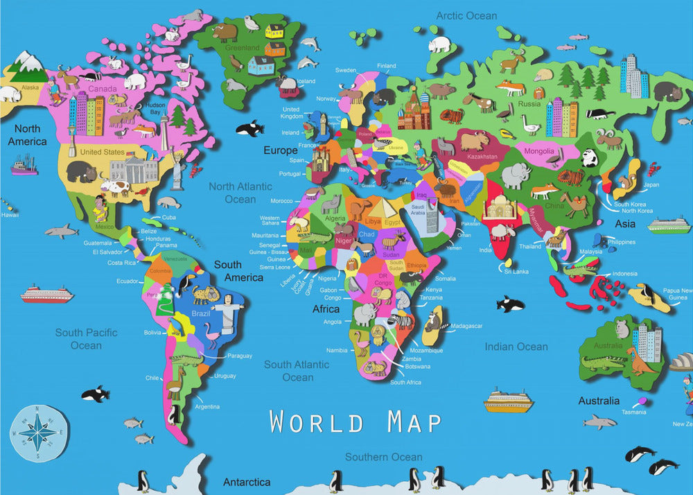 Mappa del mondo illustrata con paesi e continenti di Carla Daly | Stampe su Tela