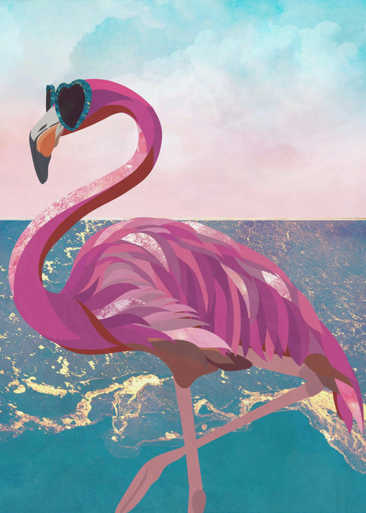 Flamingo gaat naar het strand | Canvasprints