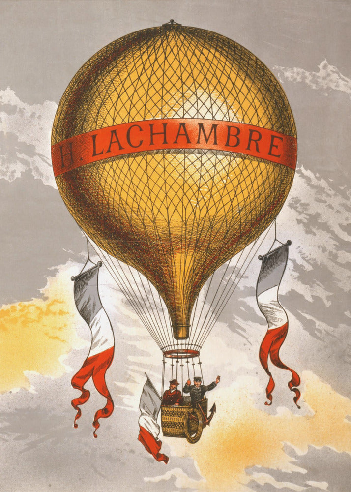 Balon z podpisem przedstawiającym dwóch mężczyzn jadących w koszu, 1880 r. | Wydruki na łótnie