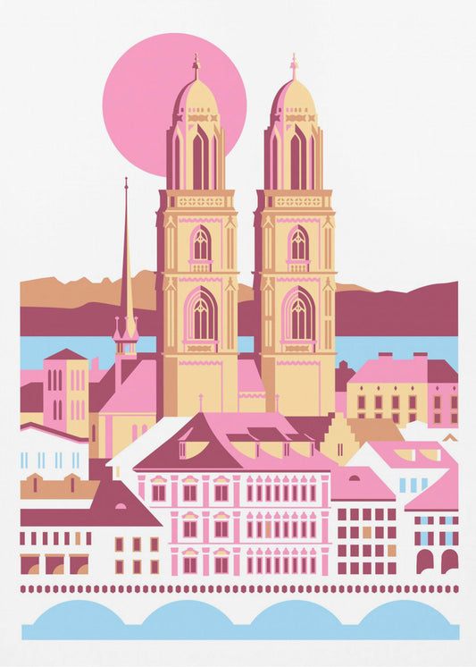 Ville de Zurich Suisse Été Suisse Montagnes Ville Illustration Vintage Posters - Affiche Artistique | Tableaux sur Toile