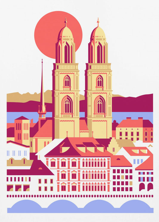 Ville de Zurich Suisse Été Suisse Montagnes Ville Illustration Vintage Posters - Affiche Artistique | Tableaux sur Toile