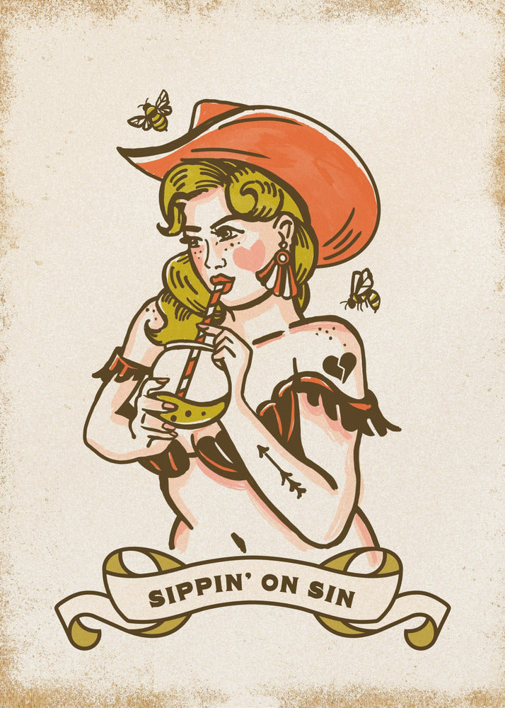 Sippin On Sin Sød & Fræk Cowgirl Kunst | Lærredsbilleder