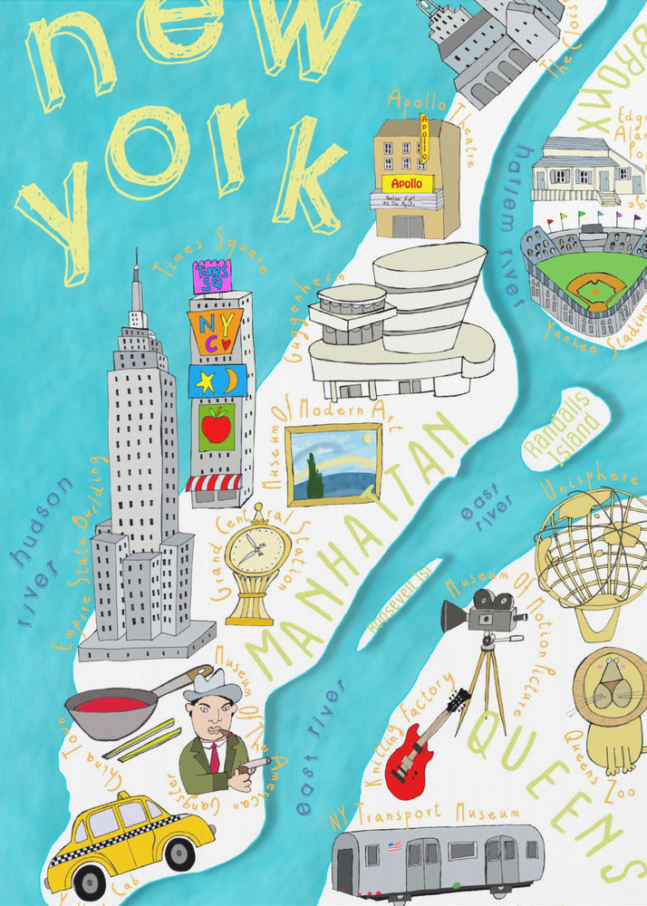 Fargerikt illustrert kart over New York av kartkunstner Carla Daly | Lerretsbilder