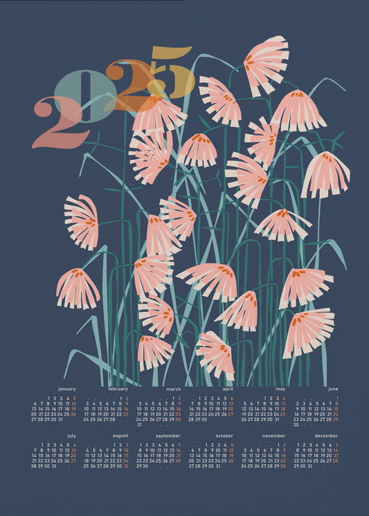 calendar 2025 Linocut flowers blue | Poster